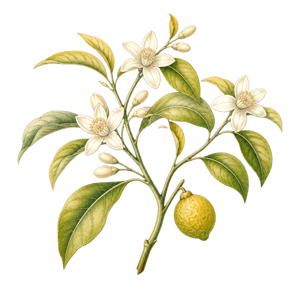 ベルガモットの花と若い果実の植物画