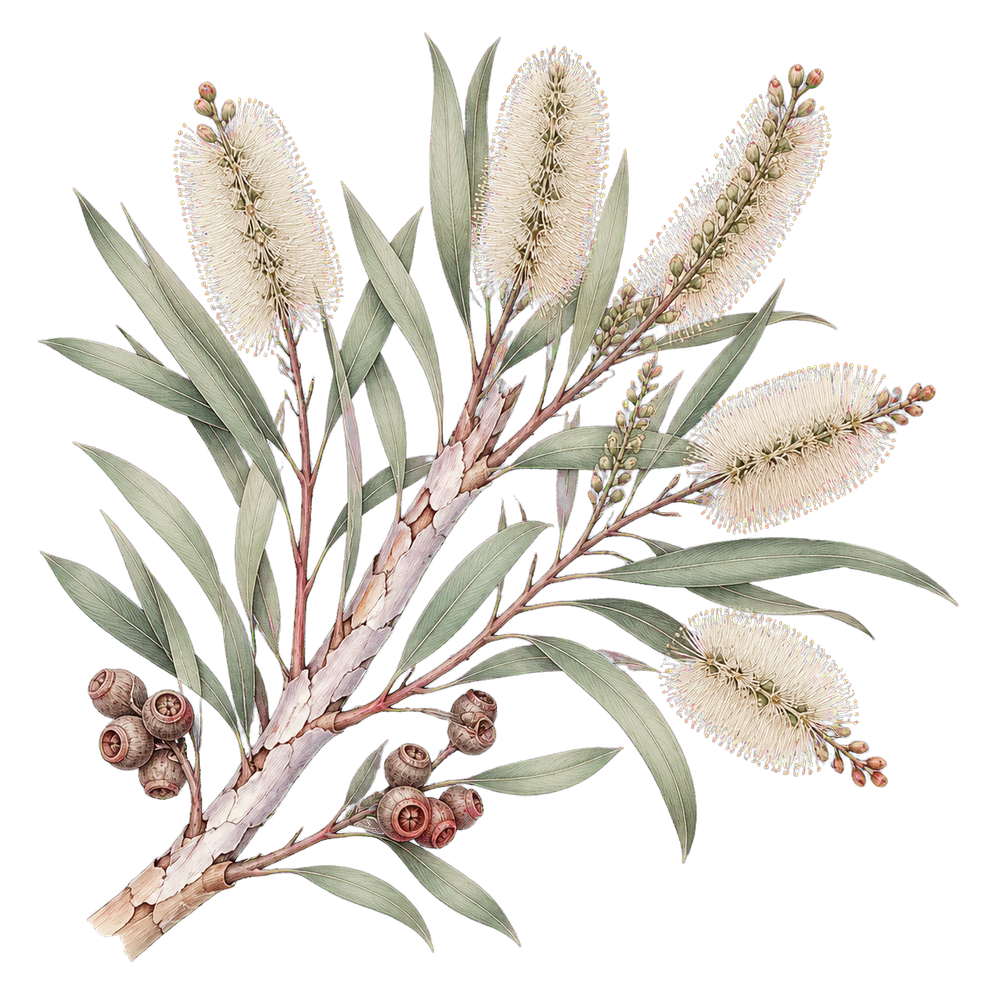 カユプットの白い花と細長い葉の植物画