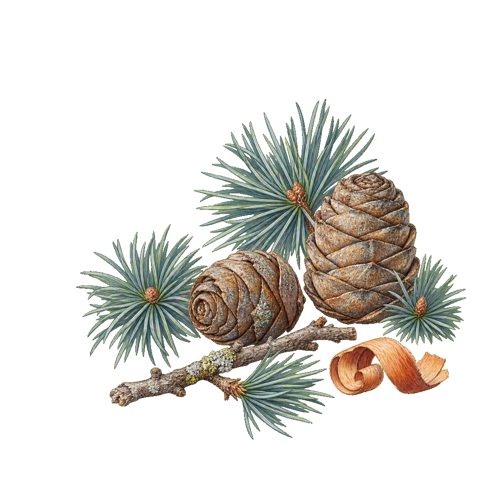 ヒマラヤスギの球果と針葉、木の削り片の植物画