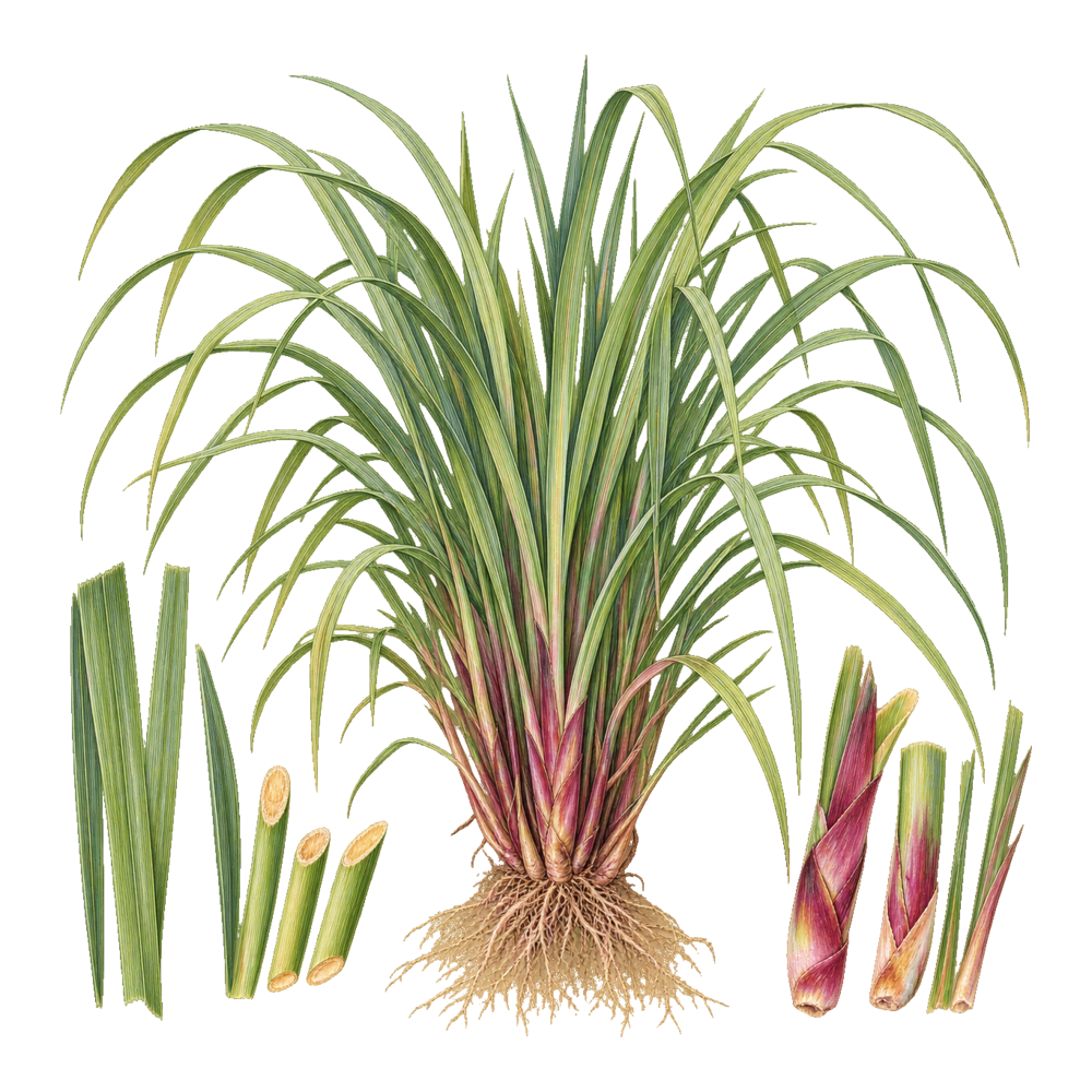 赤紫色の茎元を持つシトロネラの植物画