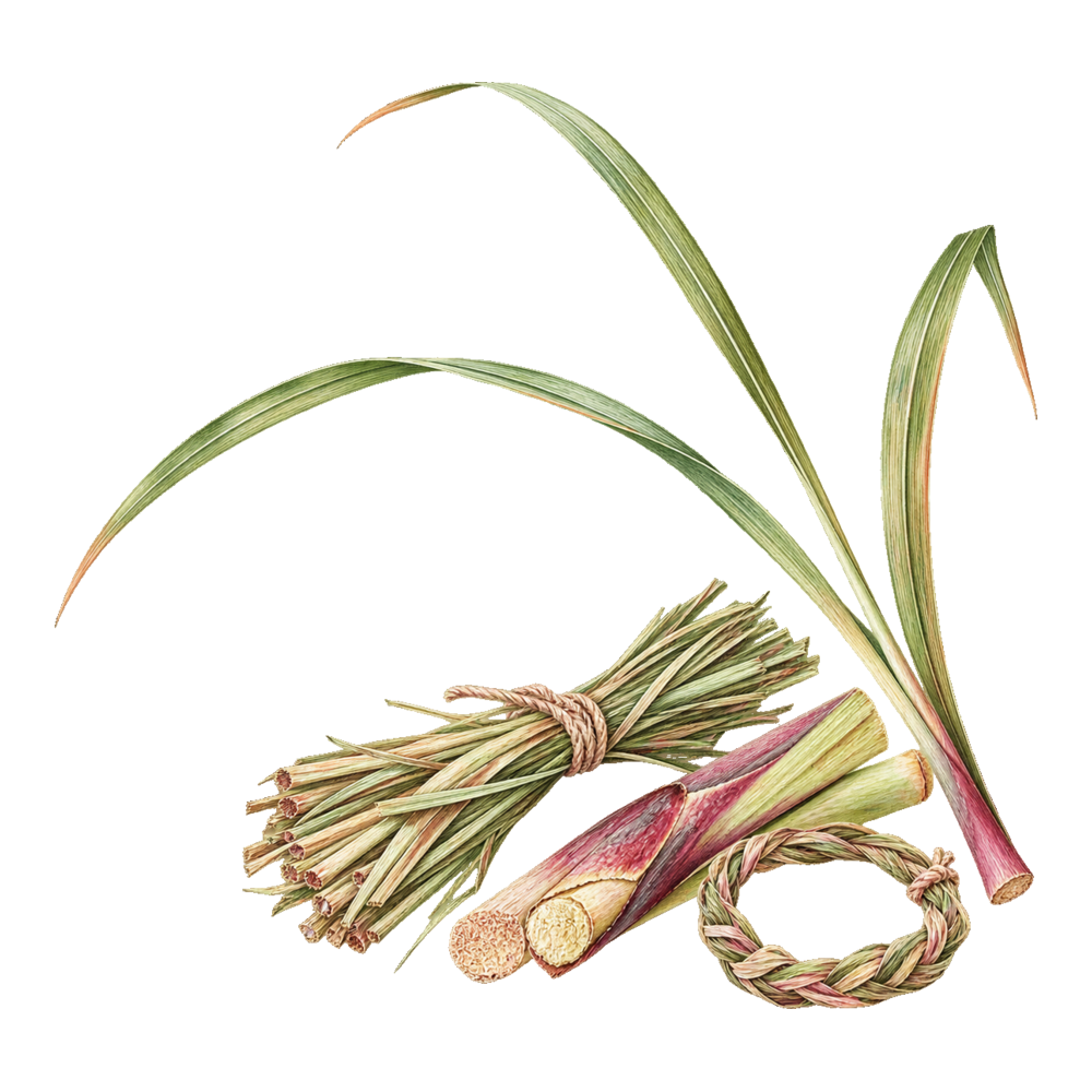 シトロネラの葉と赤紫色の茎、乾燥葉の植物画
