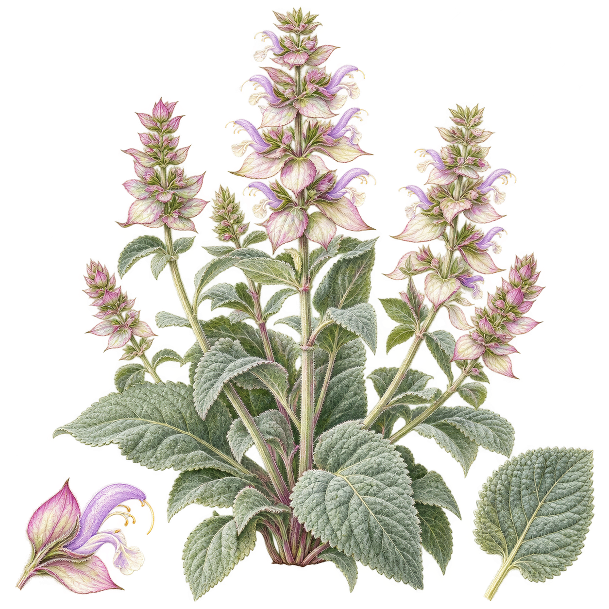 クラリセージの大きな葉と淡い紫色の花穂を描いた植物画