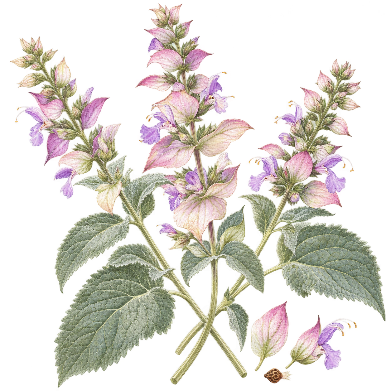 クラリセージの花穂と葉を束ねた植物画