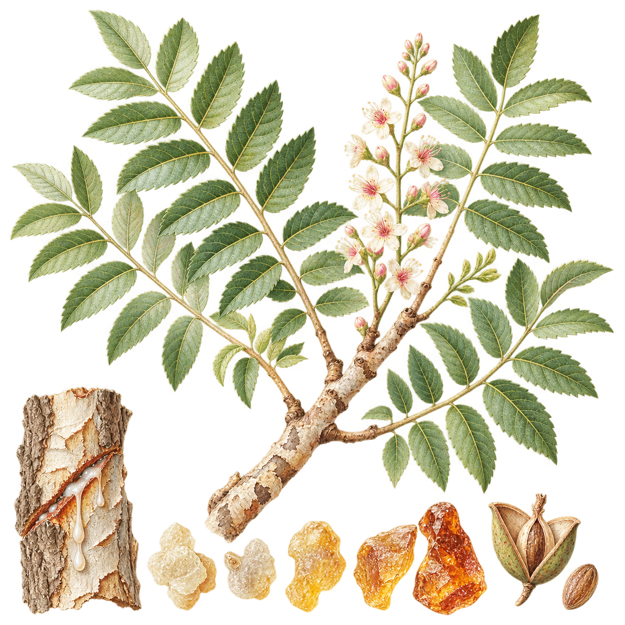 フランキンセンスの羽状複葉と淡い花、樹皮からにじむ樹脂と固まった樹脂片の植物画