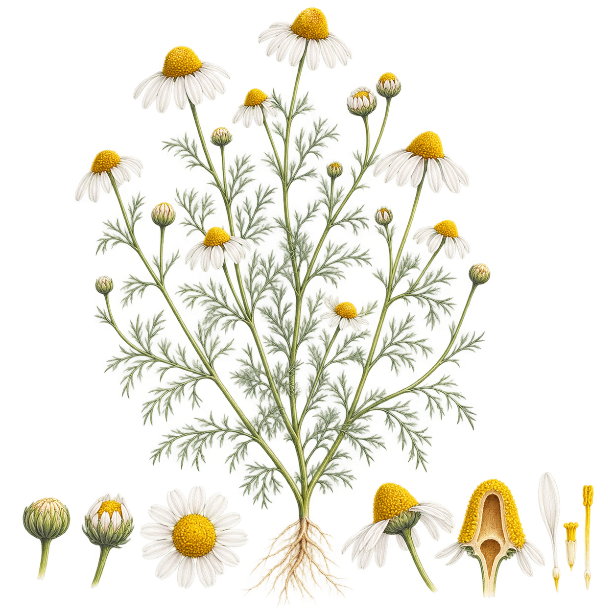 ジャーマンカモミールの糸状の葉と白い花、中空の黄色い花芯を描いた植物画