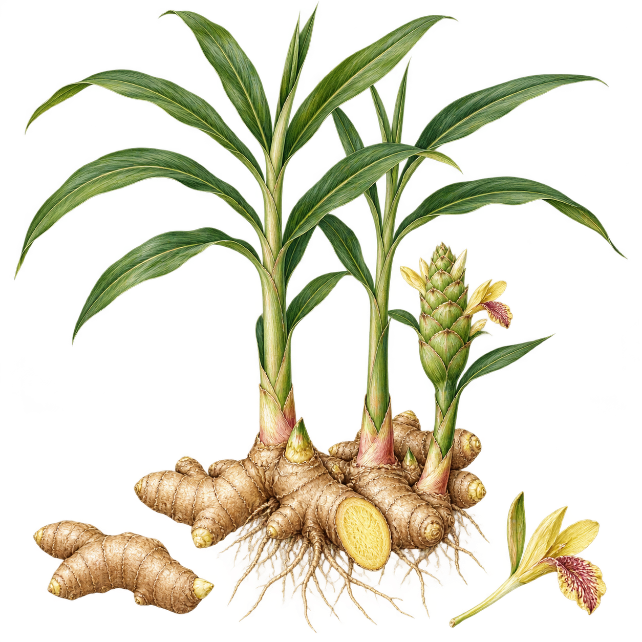 細長い葉をつけるジンジャーの偽茎と花穂、節のある根茎を描いた植物画