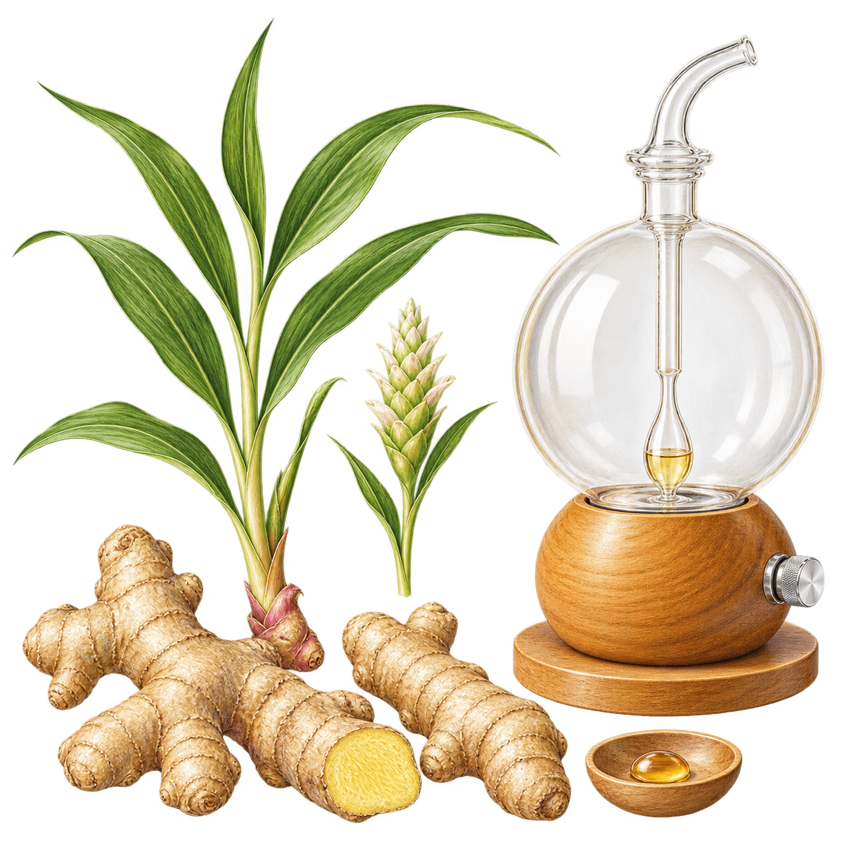 ジンジャーの根茎と花穂、木製台座のガラスディフューザーを描いた植物画