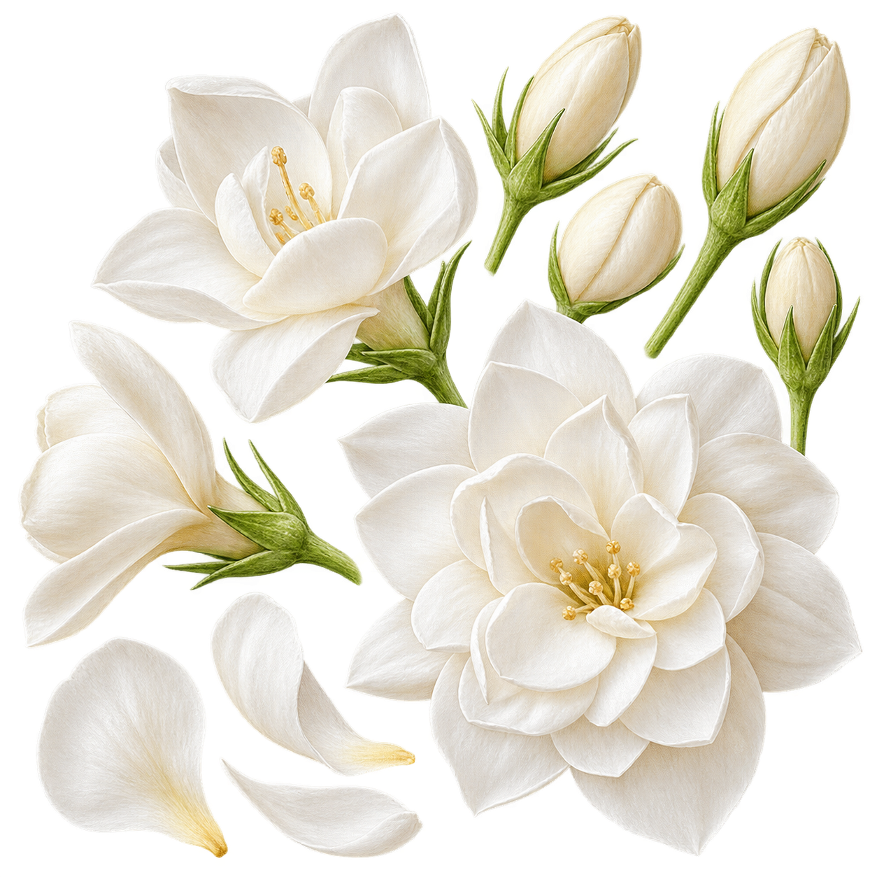 開花前の細長い蕾から幾重にも花びらが開くまでを大きく描いたジャスミンサンバックの花の接写画
