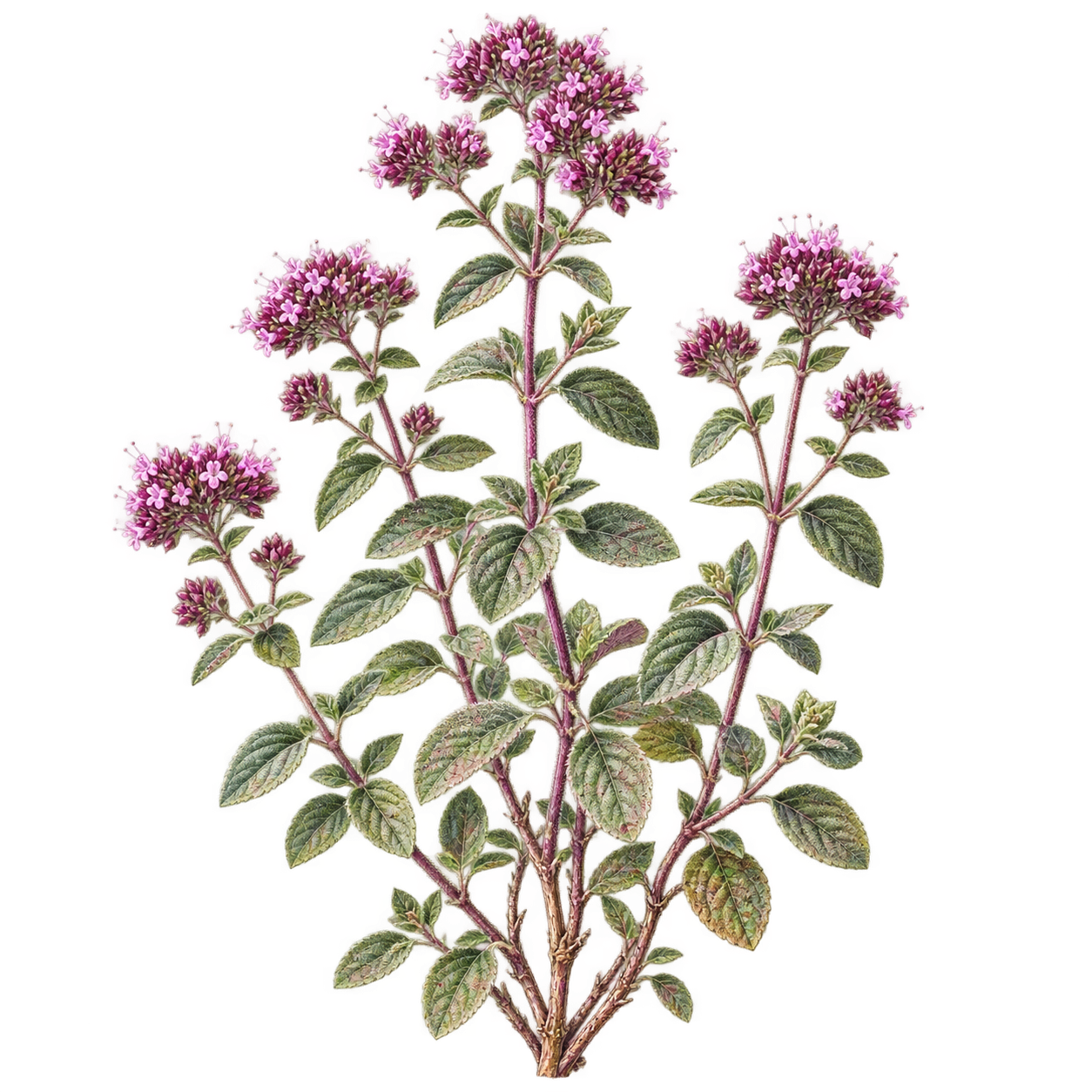 四角い茎に対生する葉と淡い紫色の小花を描いたオリガナムの全草植物画