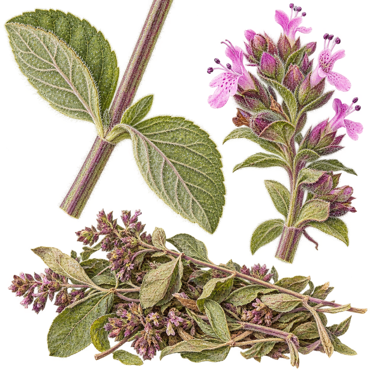 オリガナムの葉裏の細毛、四角い茎、花穂と乾燥した葉付き枝へ大きく寄った植物素材画