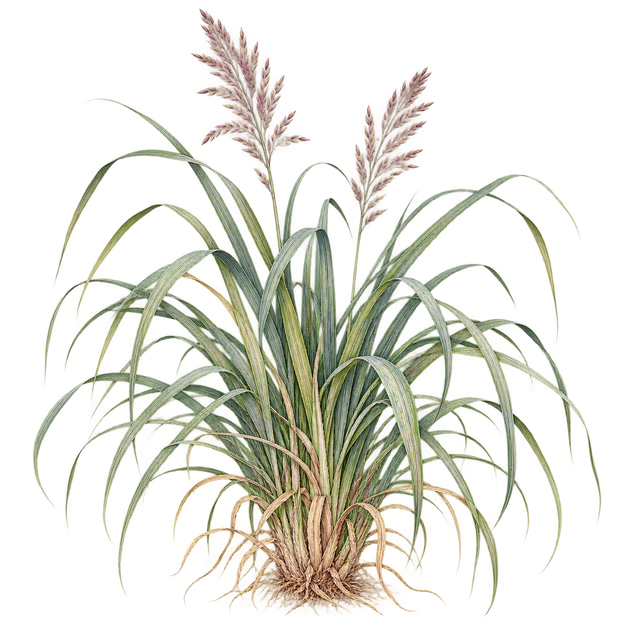 細長く弧を描く葉と赤紫色の細い穂をつけたパルマローザの全草植物画