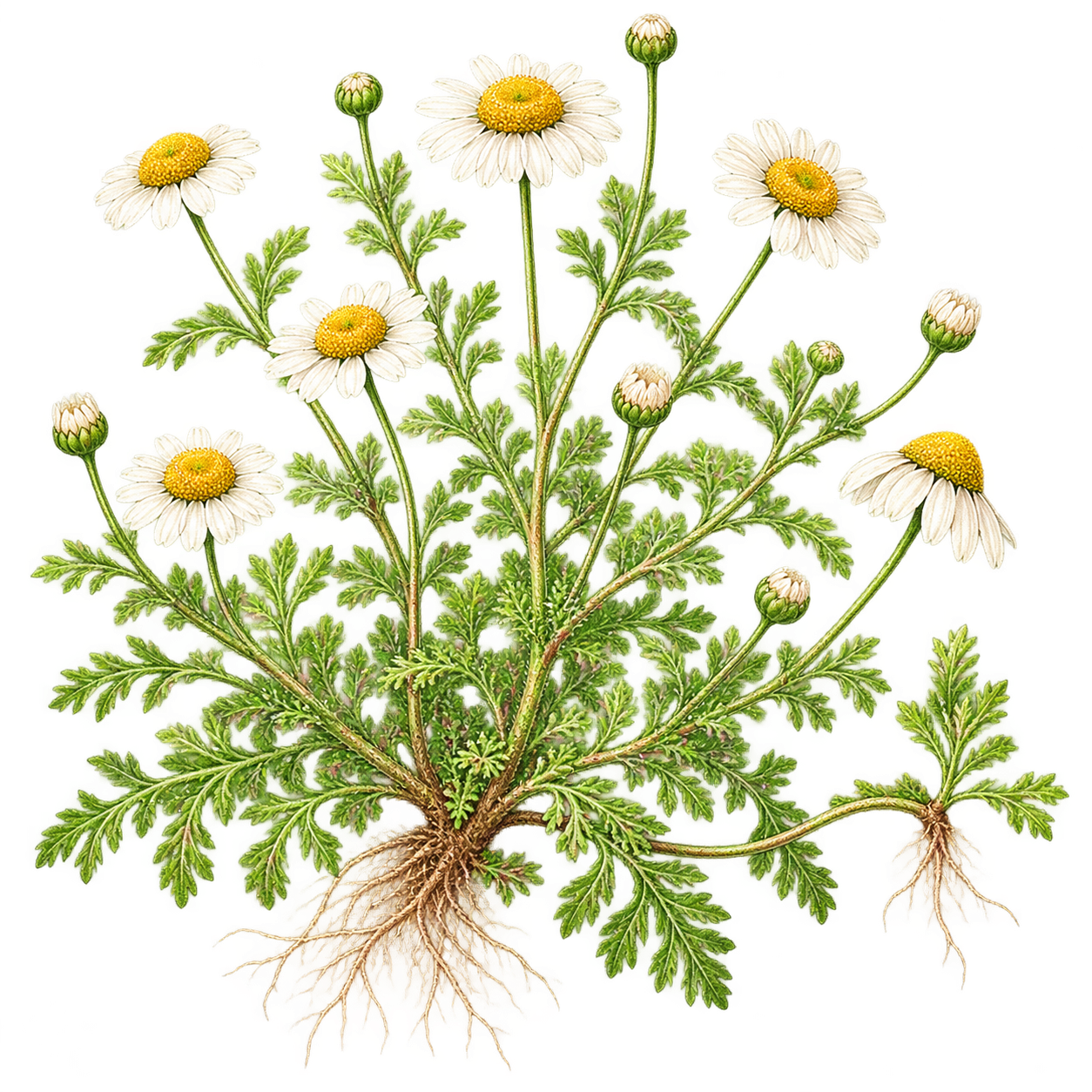 地面を這う茎、細かく裂けた葉、白い花を描いたローマンカモミールの全草植物画