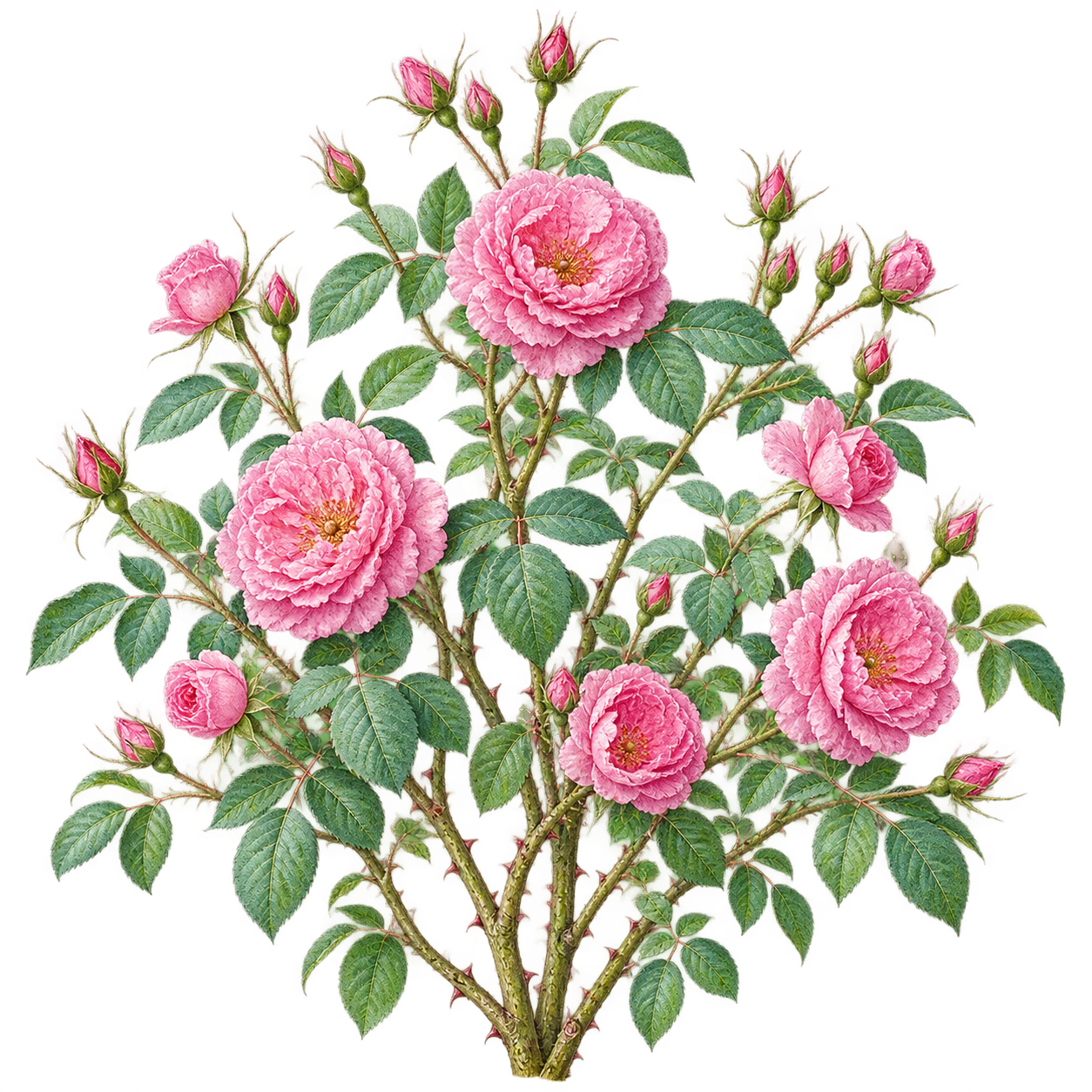 棘のある枝、鋸歯の葉、蕾から満開までの花を描いたブルガリアンローズの全株植物画