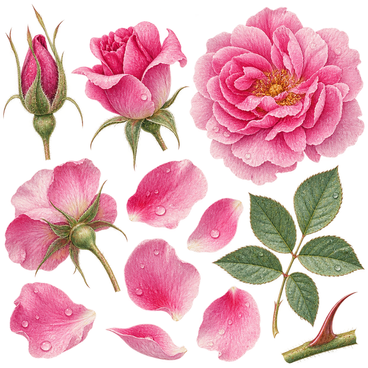 朝露をまとったダマスクローズの蕾、半開花、満開の花、花びら、葉と棘へ大きく寄った植物素材画