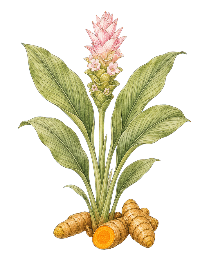 ターメリックの葉と根茎の植物画